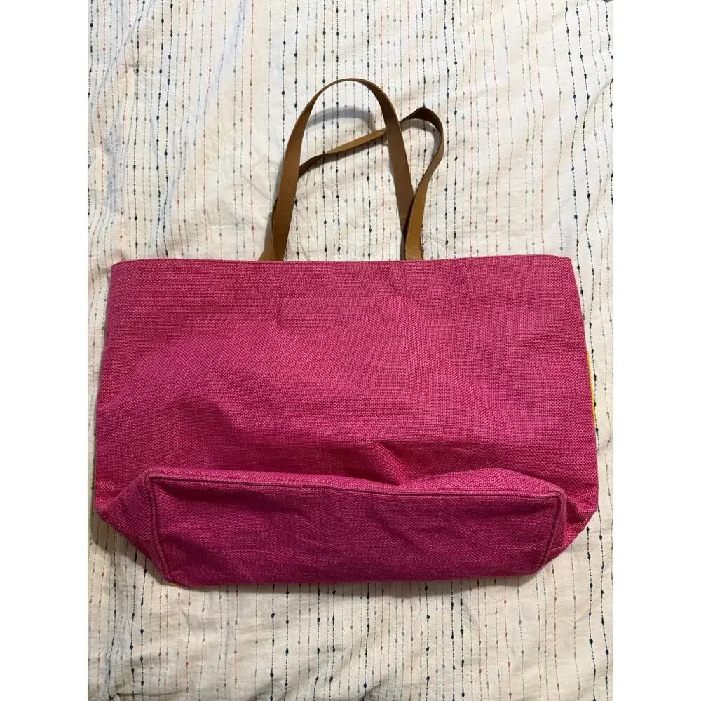 NWOT Mud Pie Sequin Lemon Water Resistant Pink Tote Beach Bag Purse Fruit Woven